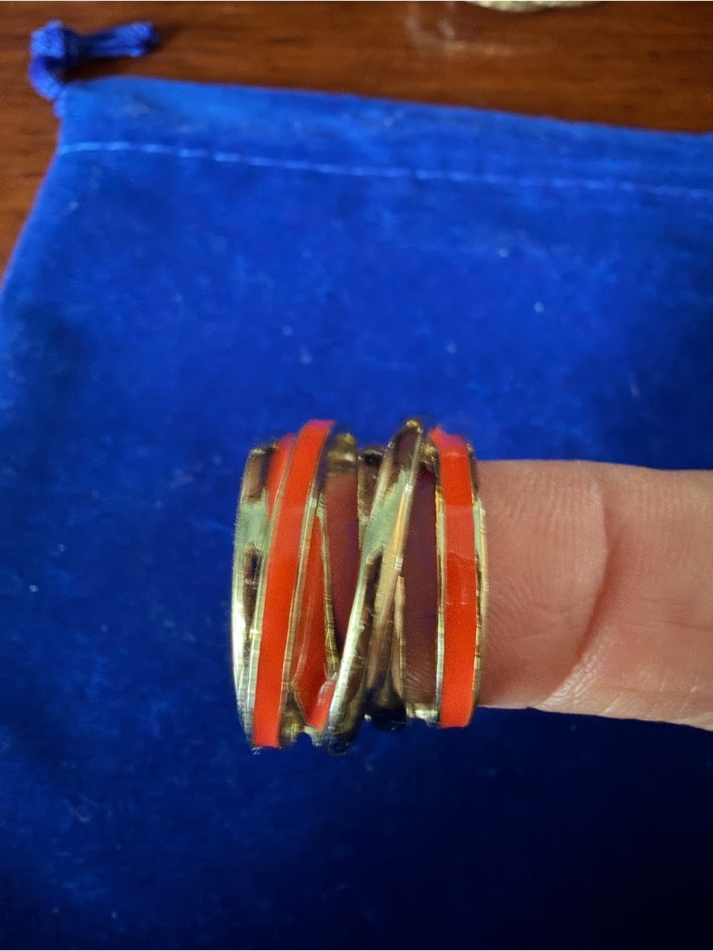 Gold-Tone Orange Enamel Spiral Ring Size 6